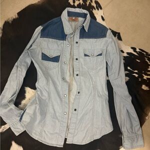 Light Wash Denim Button-Down Shirt with Dark Yoke